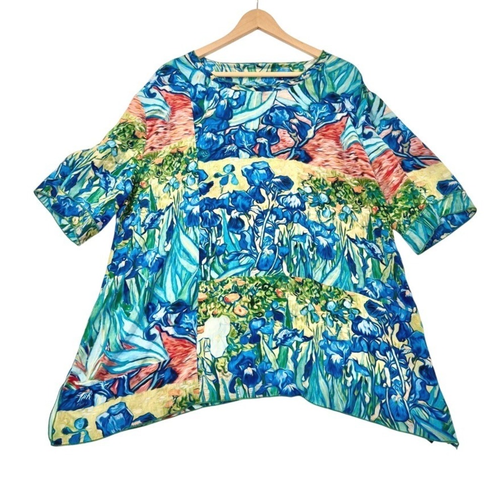 Cocoon House 100% Silk Van Gogh Irises Art to Wear Blouse Top L/XL Blue Green